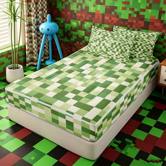 Erosebridal Vibrant Dual Green Checkerboard Zipper Twin Comforter Sets with Fitted Sheet and 2 Pillowcases,Light Sage Square Secondary Tile Zipper Bedding Set,Emerald Cream,4-Piece,Reversible