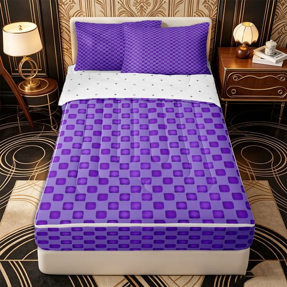 Erosebridal Vibrant Geometric Square Zipper Queen Comforter Set with Fitted Sheet and 2 Pillowcases,Continuous Grid Block Zipper Bedding Set,Purple,Reversible