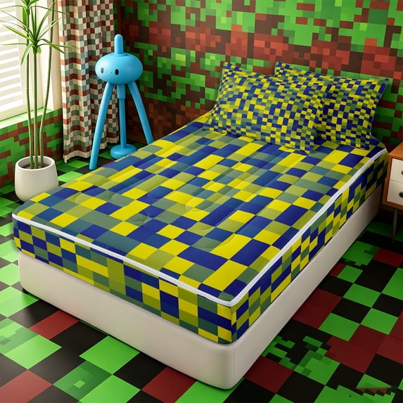 Erosebridal Vibrant Lime Navy Checkerboard Zipper Queen Comforter Set with Fitted Sheet and 2 Pillowcases,Minimal Cartoon Secondary Print Zipper Bedding Set,Chartreuse Dark Blue,4 Pieces,Reversible