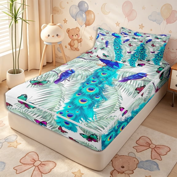 Erosebridal Vibrant Peacock Palm Zipper Twin Comforter Sets with Fitted Sheet and 2 Pillowcases,Butterfly Tropical Zipper Bedding Set,Teal Purple Ivory,4-Piece,Reversible
