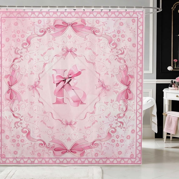 Erosebridal Vibrant Satin Bow Ribbon Shower Curtain 72Wx78L for Girls, Romantic Floral Print Waterproof Bath Curtain