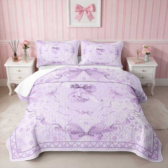 Erosebridal Vibrant Satin Bow Ribbon Twin Quilt Set for Girls, Romantic Floral Print Twin Coverlet Set, 2-Piece 1 Bedspread and 1 Pillowcase
