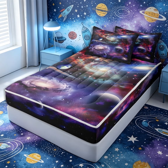 Erosebridal Vibrant Space Galaxy Print Zipper Full Size Comforter Sets with Fitted Sheet and 2 Pillowcases,Planetary Nebula Dark Background Accent Zipper Bedding Set,4pcs,Black Reversible