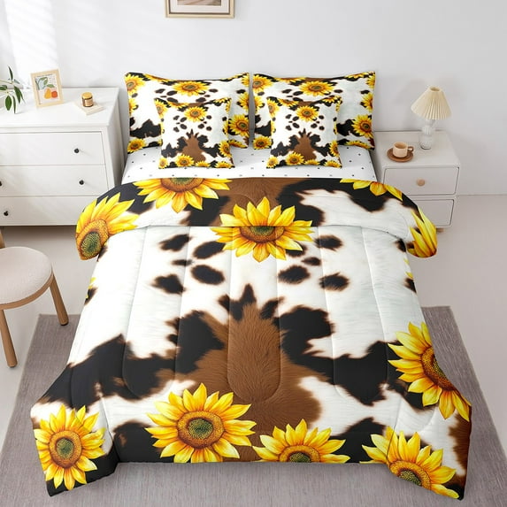 Erosebridal Vibrant Sunflower Bed in a Bag Full size, Brown Black Bed Set, Cow Print Decor, 7 Pieces