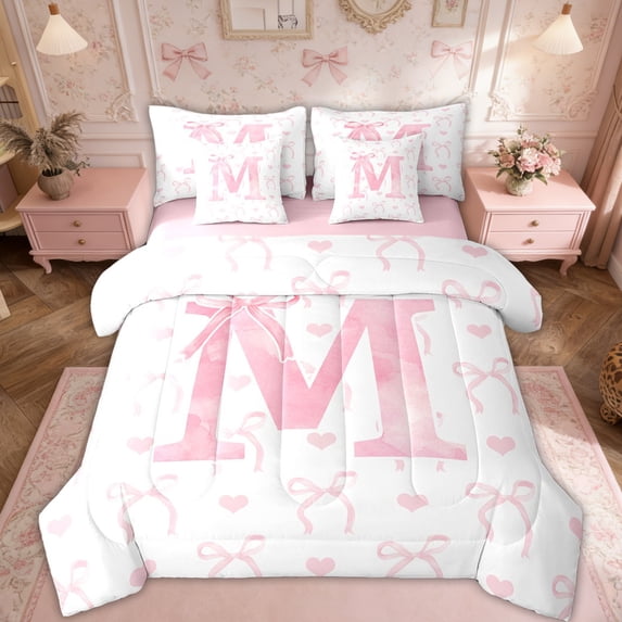 Erosebridal Initial Letter M Bed in a Bag Twin size, Dreamy Bow Love Bed Set, Girly Romantic Decor, Reversible 7pcs