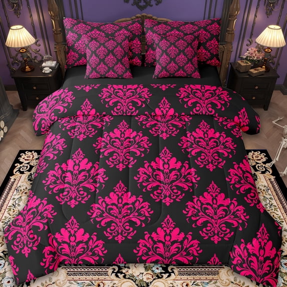 Erosebridal Victorian Damask Flower Bedding Queen Size,Red Black Comforter Sets with Sheets,Gothic Theme Bedding Sets Queen Size,Ultra Soft Bedroom Decorative Reversible,7pcs
