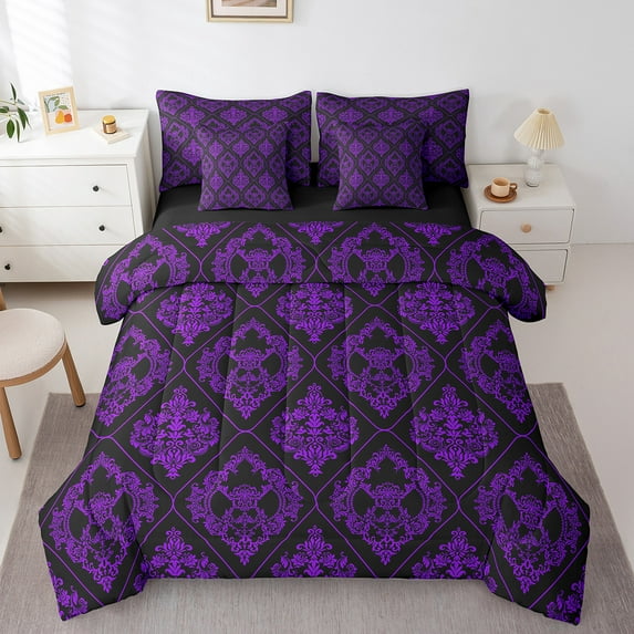 Erosebridal Victorian Damask Flower Bedding Sets Twin Size,Purple Vintage Jacquard Comforter Sets with Sheets,Gothic Theme Bed in a Bag Twin Size,Ultra Soft Bedroom Decorative Reversible,7-Piece