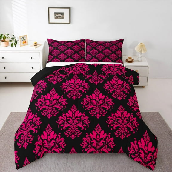Erosebridal Victorian Damask Flower Bedding Twin Comforter Set,Red Black Down Comforter,Gothic Theme Bedding Sets Twin with Comforter,Ultra Soft Bedroom Decorative Reversible,2 Pieces