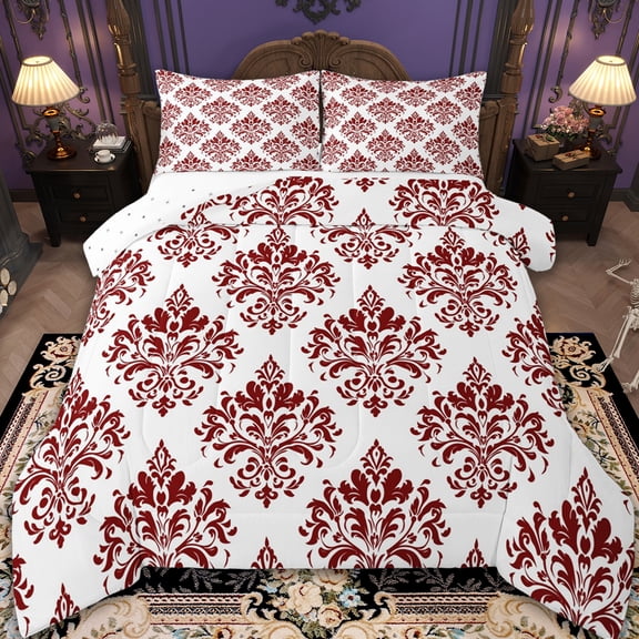 Erosebridal Victorian Damask Flower Bedding Twin Comforter Set,Red White Down Comforter,Gothic Theme Bedding Sets Twin with Comforter,Ultra Soft Bedroom Decorative Reversible,2 Pieces