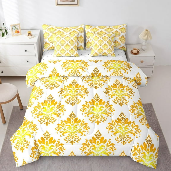 Erosebridal Victorian Damask Flower Bedding Twin Size,Yellow White Comforter Sets with Sheets,Retro Gothic Theme Bedding Sets Twin Size,Ultra Soft Bedroom Decorative Reversible,7pcs