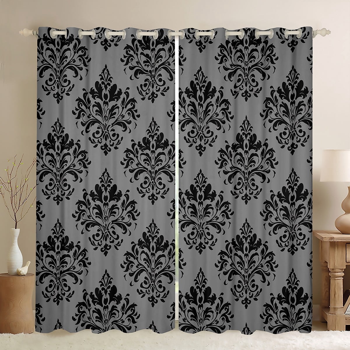 Erosebridal Victorian Damask Flower Curtains and Drapes(38x45),Gray Black Blackout Curtains for Bedroom,Gothic Theme Curtains Pack of 2(38x45),Ultra Soft Bedroom Decorative
