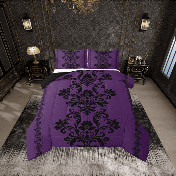 Erosebridal Victorian Damask Print Bedding Full Comforter Set,Gothic Art Down Comforter,Purple Black Bedding Sets Full with Comforter For Men Women,Microfiber Bedroom Decor Reversible,3pcs