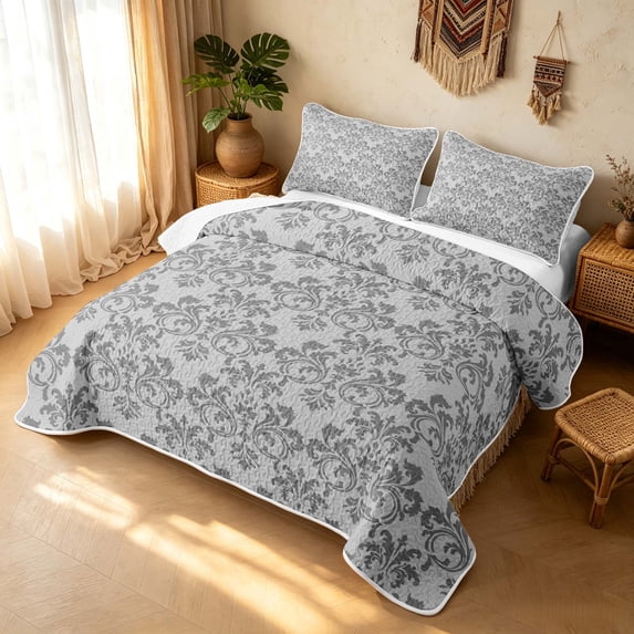 Erosebridal Victorian Damask Twin Quilt Set, Gothic Floral Twin Coverlet Set, Light Gray 2 Pieces, 1 Bedspread and 1 Pillowcase