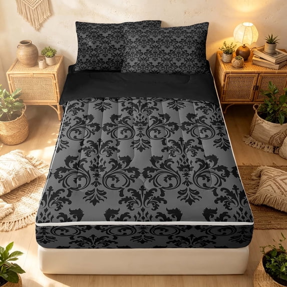 Erosebridal Victorian Damask Zipper Queen Comforter Set with Fitted Sheet and 2 Pillowcases, Gothic Blossom Zipper Bedding Set, Charcoal Gray, Black Reversible