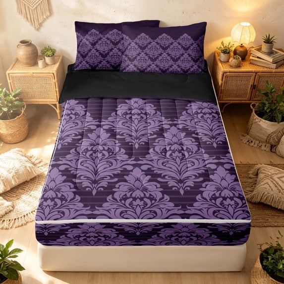 Erosebridal Victorian Damask Zipper Twin Comforter Sets with Fitted Sheet and 2 Pillowcases, Hippie Flower Zipper Bedding Set, Dark Purple Lavender, Black Reversible