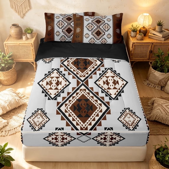 Erosebridal Victorian Rhombus Zipper Twin Comforter Sets with Fitted Sheet and 2 Pillowcases, Bohemian Aztec Zipper Bedding Set, Walnut Brown Ivory, Black Reversible