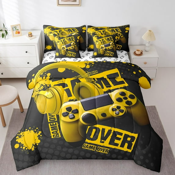 Erosebridal Video Game Bedding Queen Size,Golden Black Comforter Sets with Sheets,Teen Bedroom Decor,Reversible,Breathable,7pcs