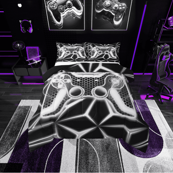 Erosebridal Video Game Bedding Sets Full with Comforter,Grey Neon Duvet Insert,Geometric Honeycomb Comforter Sets Full Size,Lightweight Gamepads Bedroom Decorative,Reversible,3pcs