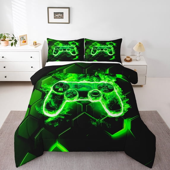 Erosebridal Video Game Bedding Sets Full With Comforter,Hexagon Honeycomb Duvet Insert,Black Green Comforter Sets Full Size,Microfiber Male Bedroom Decor,Reversible,3Pcs