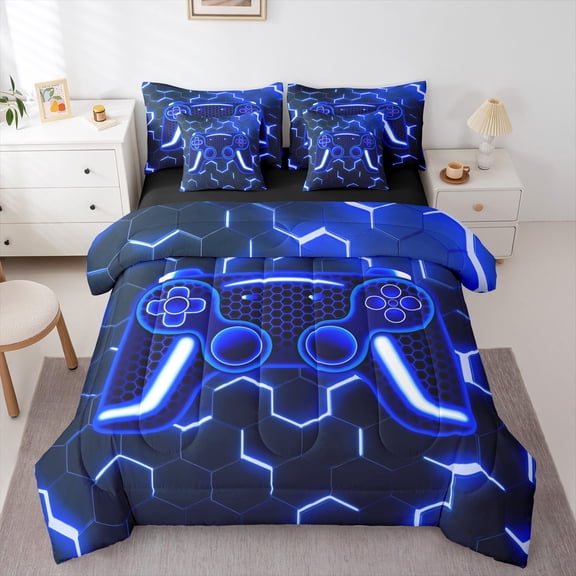 Erosebridal Video Game Bedding Sets Twin Size,Black Blue Comforter Sets with Sheets,Geometric Decoration,Reversible,Breathable,7-Piece