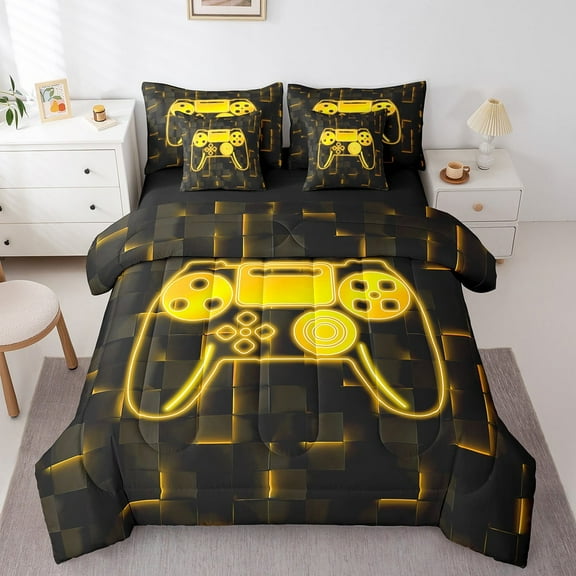 Erosebridal Video Game Bedding Sets Twin Size,Black Golden Comforter Sets with Sheets,Futuristic Cubes Bed in a Bag Twin size,Microfiber Gamepads Room Decorative,Reversible,7pcs