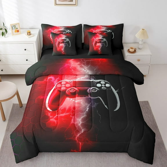 Erosebridal Video Game Bedding Sets Twin Size,Black Red Comforter Sets with Sheets,Lightning Honeycomb Bed in a Bag Twin size,Super Cozy Geometric Room Decor,Reversible,7pcs