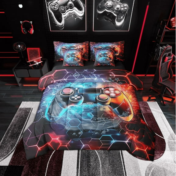 Erosebridal Video Game Bedding Sets Twin Size,Geometric Honeycomb Comforter Sets with Sheets,Gradient Gamepads Bed in a Bag Twin size,Lightweight Hexagon Room Decorative,Reversible,7-Piece