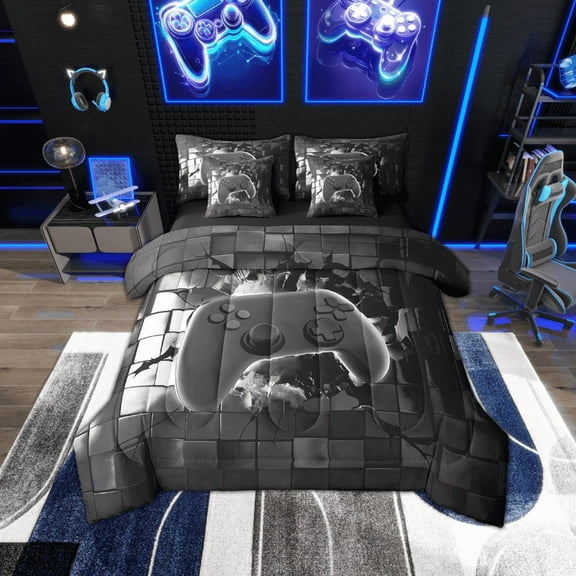 Erosebridal Video Game Bedding Sets Twin Size,Geometric Plaid Comforter Sets with Sheets,Gradient Gamepads Bed in a Bag Twin size,Lightweight Buffalo Room Decorative,Reversible,7-Piece