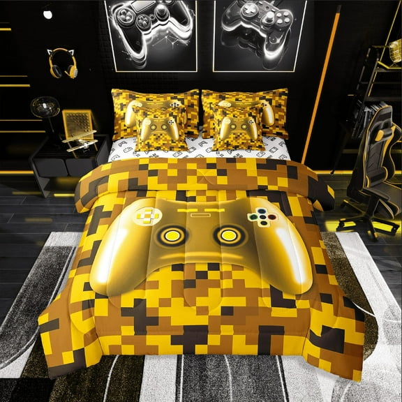Erosebridal Video Game Bedding Sets Twin Size,Golden Black Comforter Sets with Sheets,Teen Bedroom Decor,Reversible,Lightweight,7-Piece