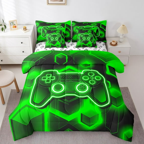 Erosebridal Video Game Bedding Sets Twin Size,Green Black Comforter Sets with Sheets,Geometric Gamepads Bed in a Bag Twin size,Breathable Gaming Room Decorative,Reversible,7-Piece