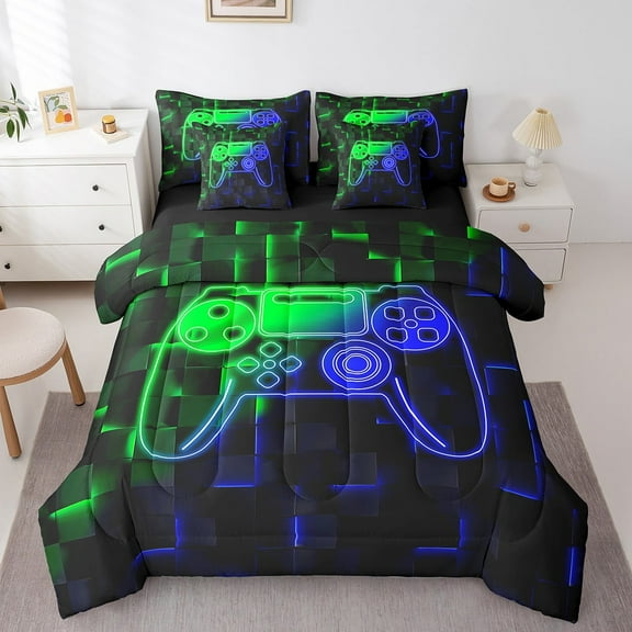 Erosebridal Video Game Bedding Sets Twin Size,Green Blue Comforter Sets with Sheets,Futuristic Cubes Bed in a Bag Twin size,Microfiber Gamepads Room Decorative,Reversible,7pcs