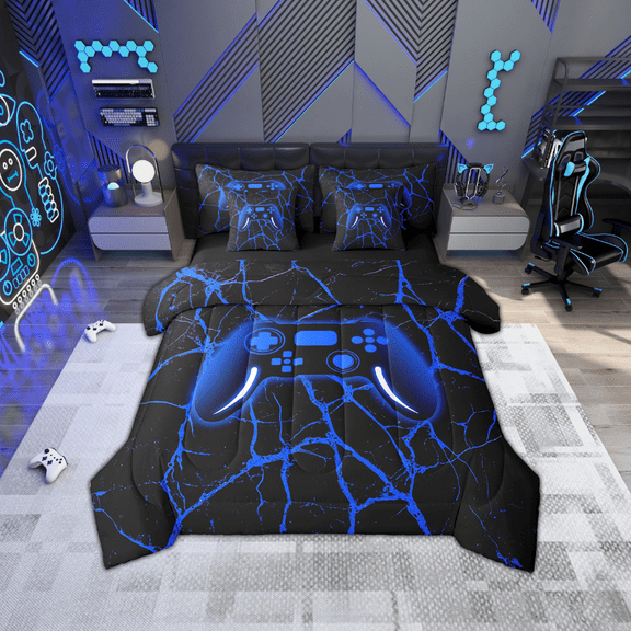 Erosebridal Video Game Bedding Sets Twin Size,Stripes Lines Comforter Sets with Sheets,Black Blue Bed in a Bag Twin size,Microfiber Male Bedroom Decor,Reversible,7-Piece