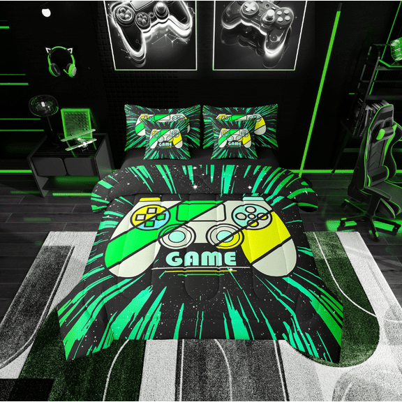 Erosebridal Video Game Bedding Sets Twin Size,Stripes Lines Comforter Sets with Sheets,Black Green Bed in a Bag Twin size,Microfiber Male Bedroom Decor,Reversible,7-Piece