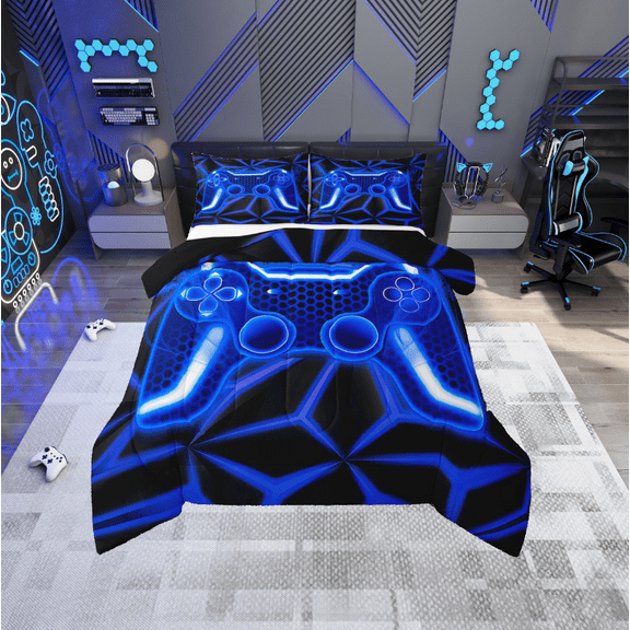 Erosebridal Video Game Bedding Twin Comforter Set,Blue Neon Down Comforter,Geometric Honeycomb Bedding Sets Twin with Comforter,Lightweight Gamepads Bedroom Decorative,Reversible,2-Piece