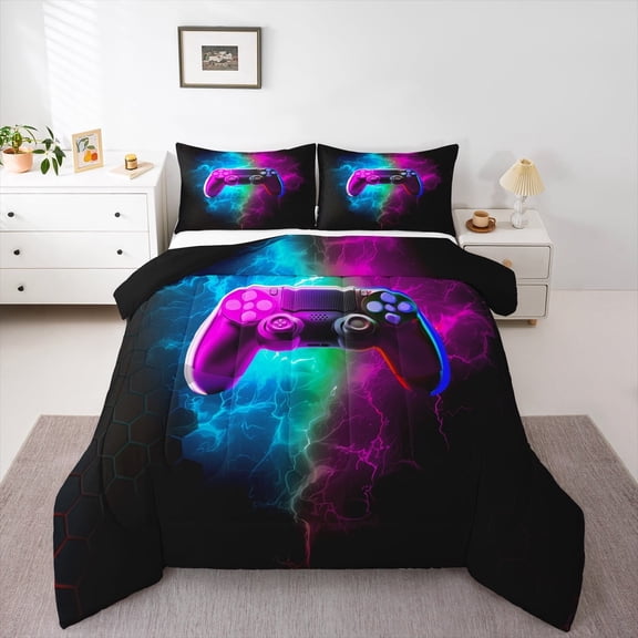 Erosebridal Video Game Bedding Twin Comforter Set,Blue Purple Down Comforter,Lightning Honeycomb Bedding Sets Twin with Comforter,Super Cozy Geometric Room Decor,Reversible,3pcs