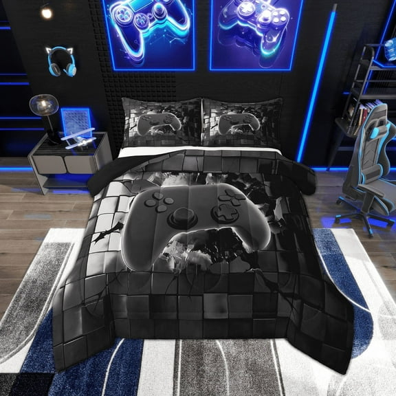Erosebridal Video Game Bedding Twin Comforter Set,Geometric Plaid Down Comforter,Gradient Gamepads Bedding Sets Twin with Comforter,Lightweight Buffalo Room Decorative,Reversible,2-Piece