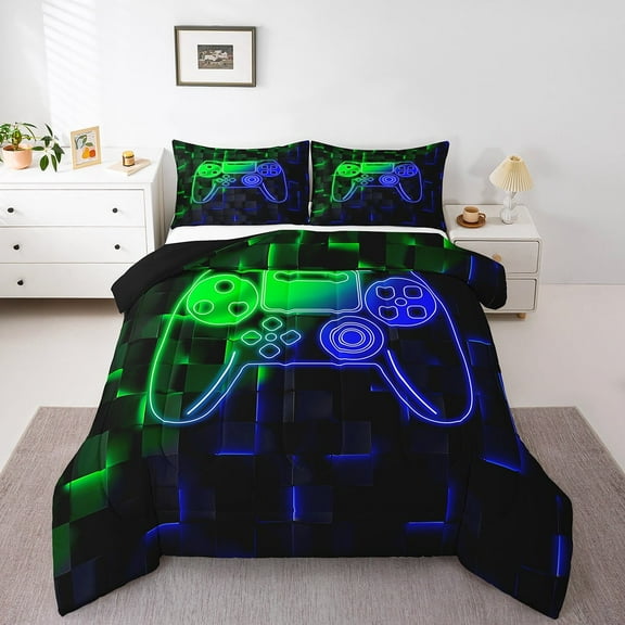 Erosebridal Video Game Bedding Twin Comforter Set,Green Blue Down Comforter,Futuristic Cubes Bedding Sets Twin with Comforter,Microfiber Gamepads Room Decorative,Reversible,3pcs