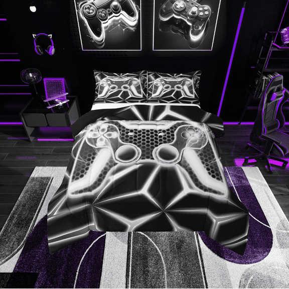 Erosebridal Video Game Bedding Twin Comforter Set,Grey Neon Down Comforter,Geometric Honeycomb Bedding Sets Twin with Comforter,Lightweight Gamepads Bedroom Decorative,Reversible,2-Piece