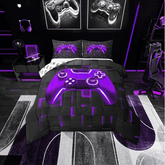 Erosebridal Video Game Bedding Twin Comforter Set, Neon Purple Gamepad Down Comforter, Contemporary Buffalo Room Decoration, Reversible 2-Piece