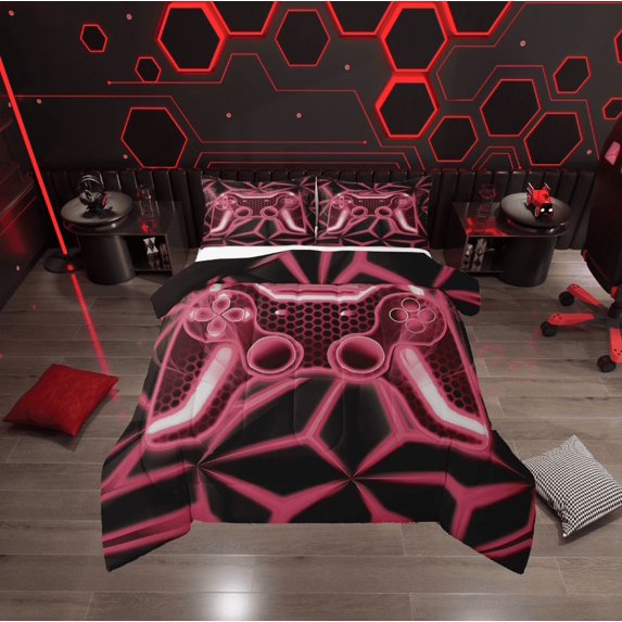Erosebridal Video Game Bedding Twin Comforter Set,Pink Neon Down Comforter,Geometric Honeycomb Bedding Sets Twin with Comforter,Lightweight Gamepads Bedroom Decorative,Reversible,2-Piece