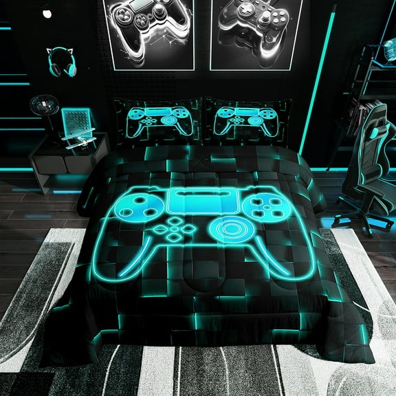 Erosebridal Video Game Bedding Twin Comforter Set Men, Neon Lines Down Comforter, Teal 2 Pieces