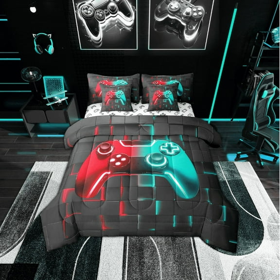 Erosebridal Video Game Bedding Twin Size, Neon Red Cyan Gamepad Comforter Sets with Sheets, Contemporary Buffalo Room Decoration, Reversible 7pcs