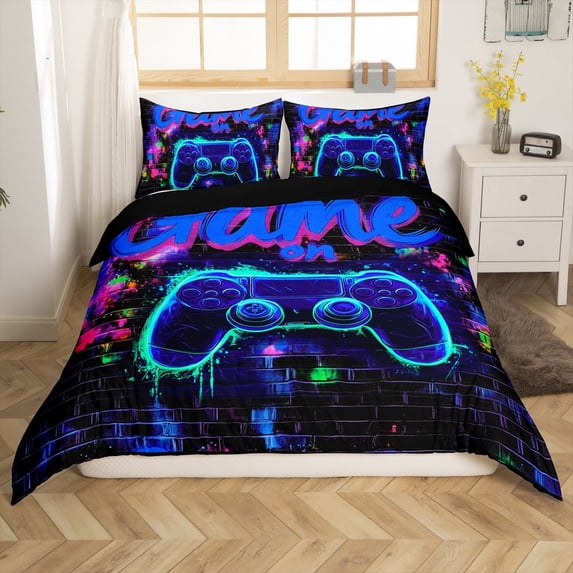 Erosebridal Video Game Comforter Cover Twin,Gamepads Gamer Bedding Twin Size,Abstract Geometric Duvet Cover Twin,Lightweight Neon Room Decoration(No Comforter),Reversible,3pcs