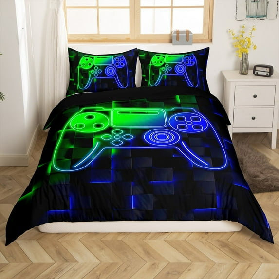 Erosebridal Video Game Comforter Cover Twin,Green Blue Bedding Twin Size,Futuristic Cubes Duvet Cover Twin,Microfiber Gamepads Room Decorative(No Comforter),Reversible,3pcs