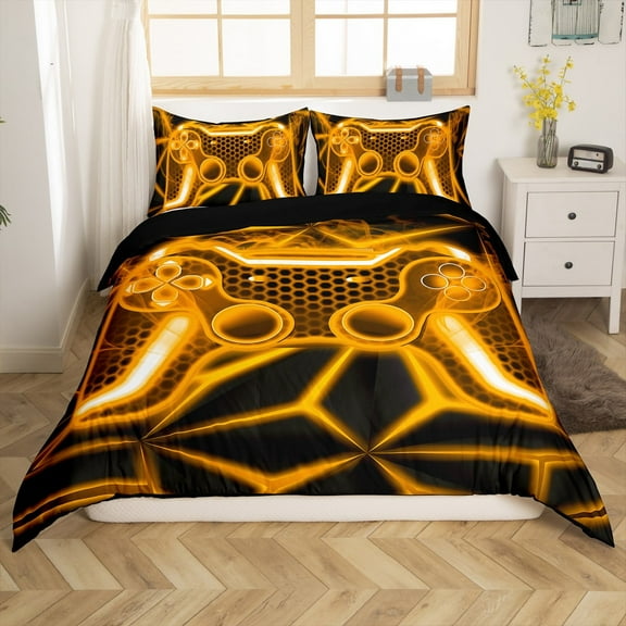 Erosebridal Video Game Comforter Cover Twin,Orange Neon Bedding Twin Size,Geometric Honeycomb Duvet Cover Twin,Lightweight Gamepads Bedroom Decorative,Reversible,2-Piece(No Comforter)