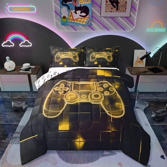 Erosebridal Video Game Comforter Sets Twin Gaming Comforter Gamer Room Decor Teen Men Yellow Black Geometric Gampad Bedding Set Neon Glowing Grids Gaming Quilt Duvet Reversible