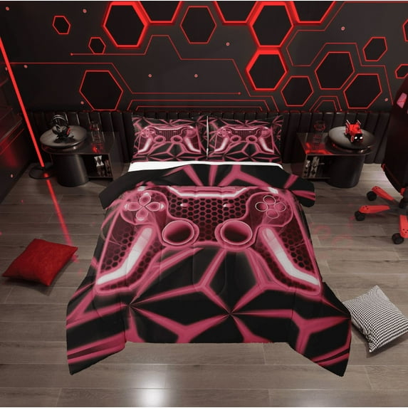 Erosebridal Video Game Comforter Sets Queen Size,Pink Neon Bedding Queen Comforter Set,Geometric Honeycomb Duvet Insert,Lightweight Gamepads Bedroom Decorative,Reversible,3 Pieces