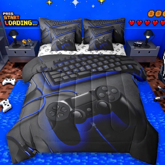 Erosebridal Video Game Controller 7-Piece Twin Bedding Sets,Gamer Gaming Bedding Comforter Set For Boys Kids,Reversible