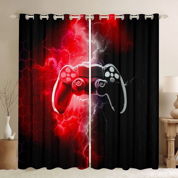 Erosebridal Video Game Curtains and Drapes (38Wx54L),Black Red Blackout Curtains for Bedroom,Lightning Honeycomb Curtains Pack of 2 (38Wx54L),Geometric Room Decor