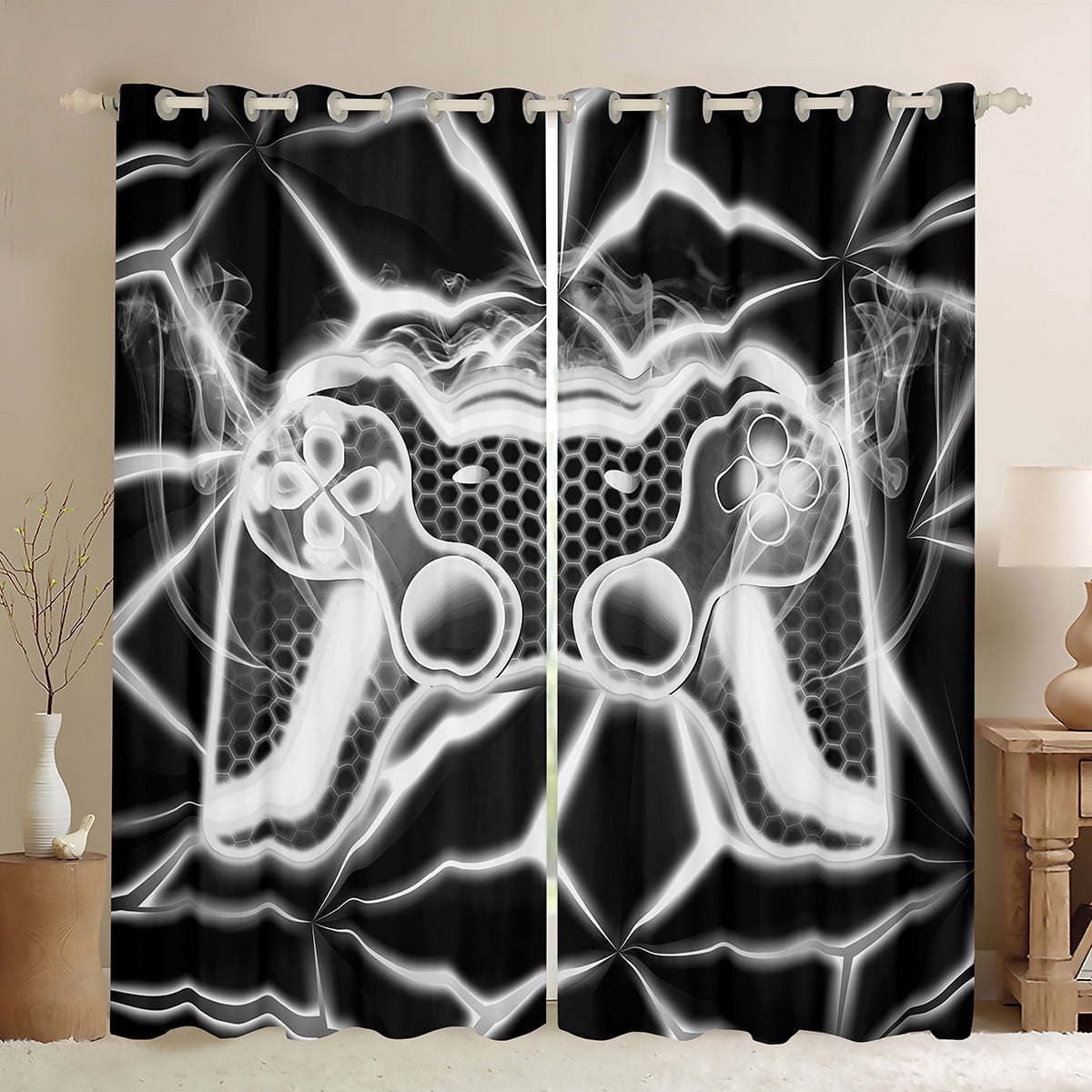 Erosebridal Video Game Curtains and Drapes (38Wx54L),Grey Neon 30%-50% Blackout Curtains for Bedroom,Geometric Honeycomb Curtains Pack of 2 (38Wx54L),Gamepads Bedroom Decorative